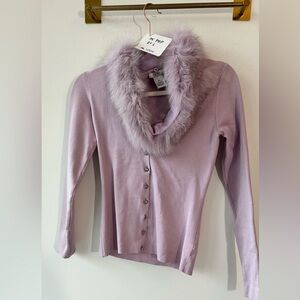 Cache Lilac Silk Blend Cardigan with Faux Fur Collar, p2p15 Size S | 1064